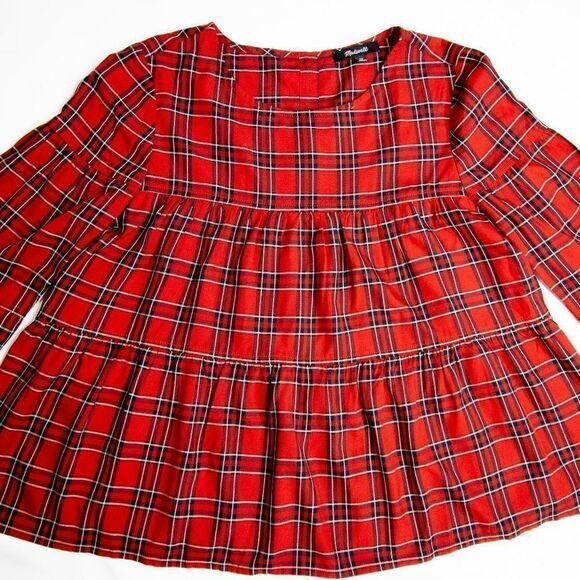 NEW Madewell red Plaid Tiered Button-Back long sleeves To, size XS - Picture 5 of 15